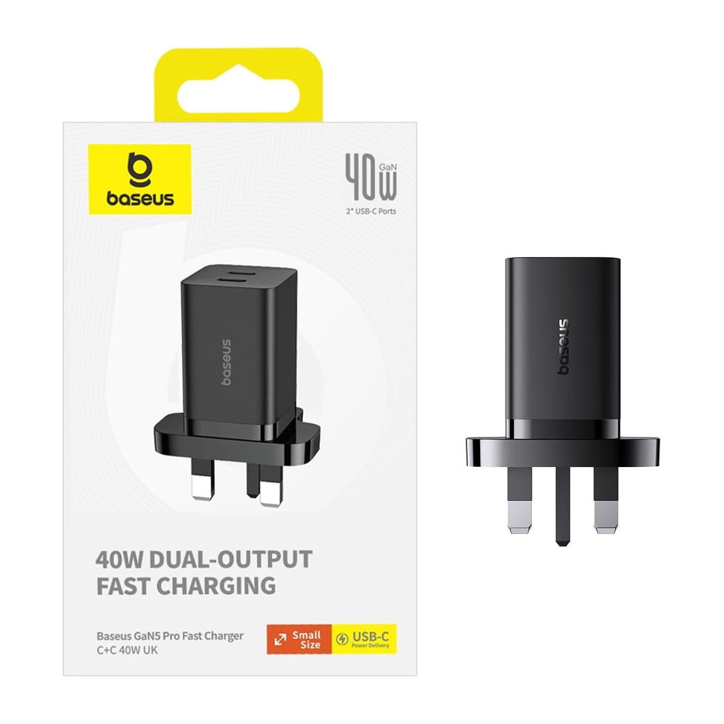 Baseus Charger - GaN5 - Wall 40W USB-Cx2 UK MINI Black — Buy in Cyprus with Fast Delivery