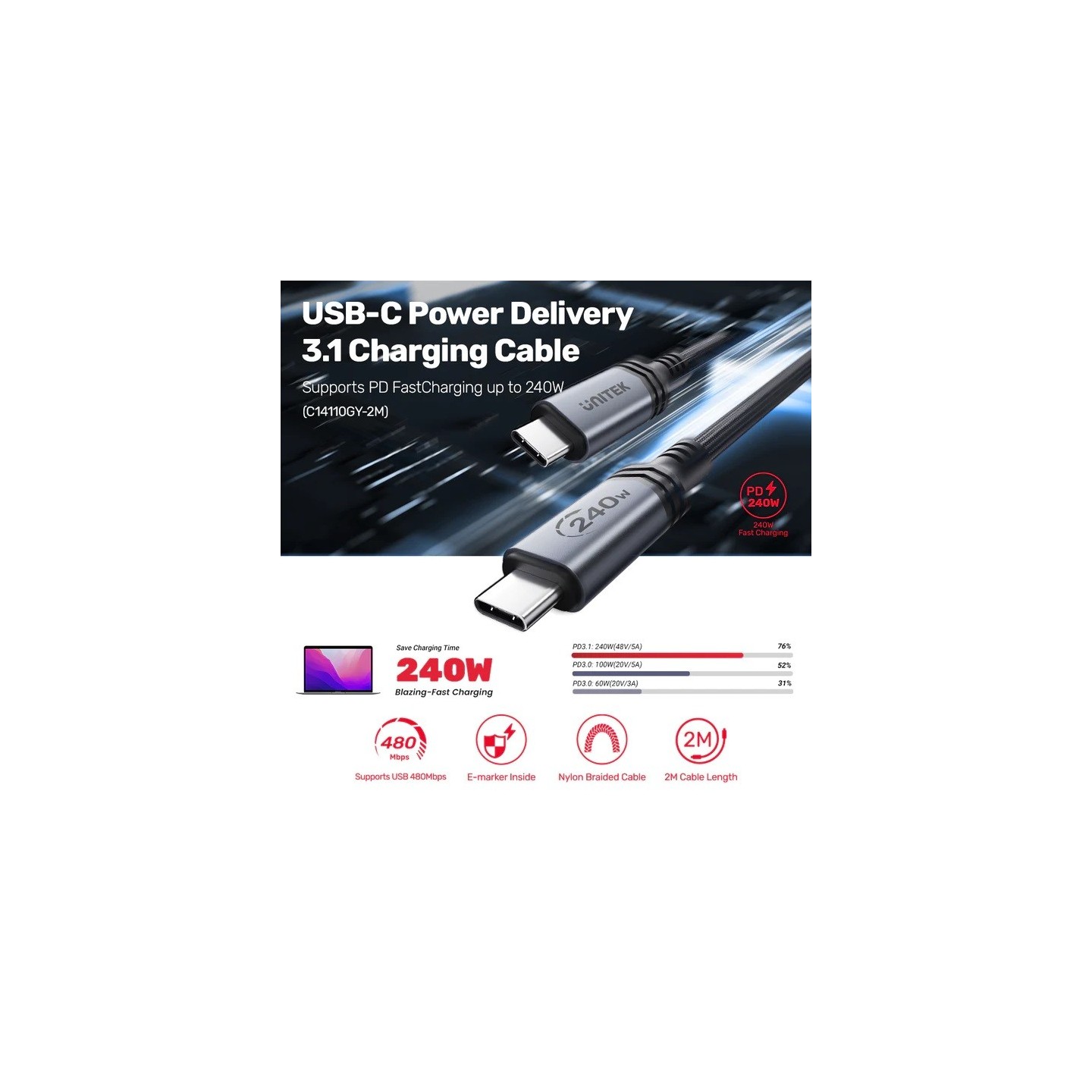 Unitek C14110GY-2M USB-C to C PD240W 2m Cable (Boxed) — Buy in Cyprus with Fast Delivery
