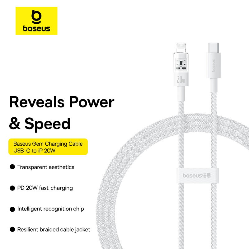 Buy Baseus Cable Lightning to USB-C Gem Series - 1.0m - 20W - White in Cyprus, Nicosia, Limassol, Larnaka, Pafos