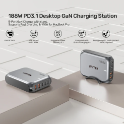 Buy Unitek Charge Desktop 188W 5-Port PD3.1 GaN Station - P1234A - 140W (UK) in Cyprus, Nicosia, Limassol, Larnaka, Pafos