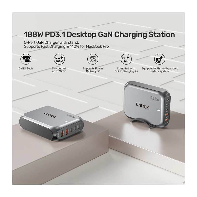 Buy Unitek Charge Desktop 188W 5-Port PD3.1 GaN Station - P1234A - 140W (UK) in Cyprus, Nicosia, Limassol, Larnaka, Pafos