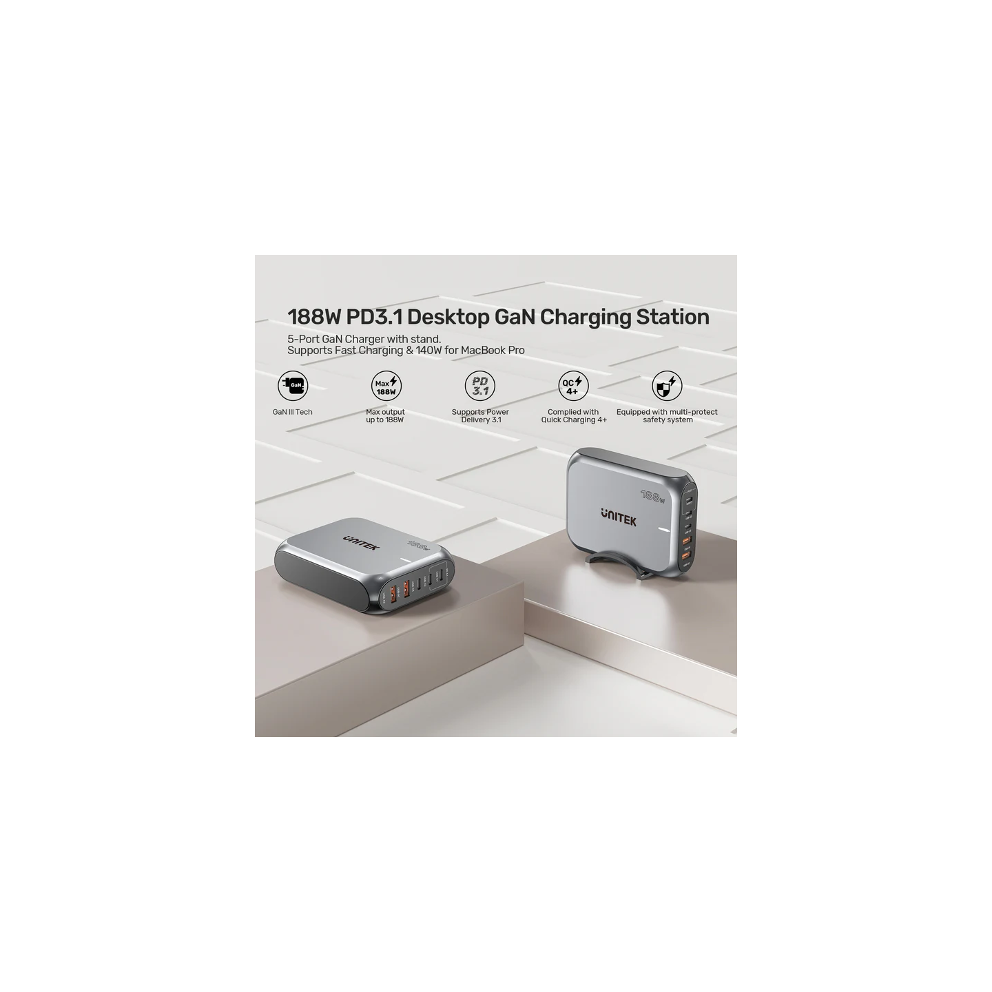 Unitek Charge Desktop 188W 5-Port PD3.1 GaN Station - P1234A - 140W (UK) — Buy in Cyprus with Fast Delivery