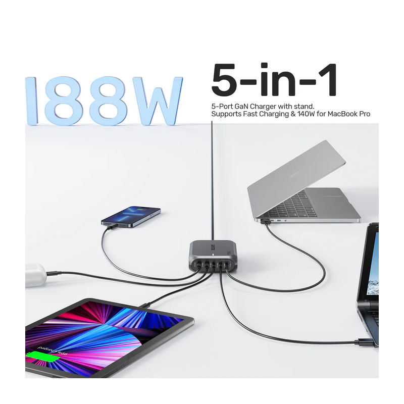 Buy Unitek Charge Desktop 188W 5-Port PD3.1 GaN Station - P1234A - 140W (UK) in Cyprus, Nicosia, Limassol, Larnaka, Pafos