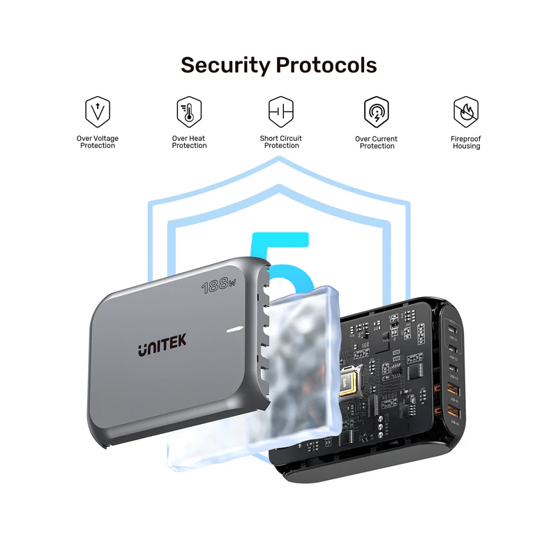 Buy Unitek Charge Desktop 188W 5-Port PD3.1 GaN Station - P1234A - 140W (UK) in Cyprus, Nicosia, Limassol, Larnaka, Pafos