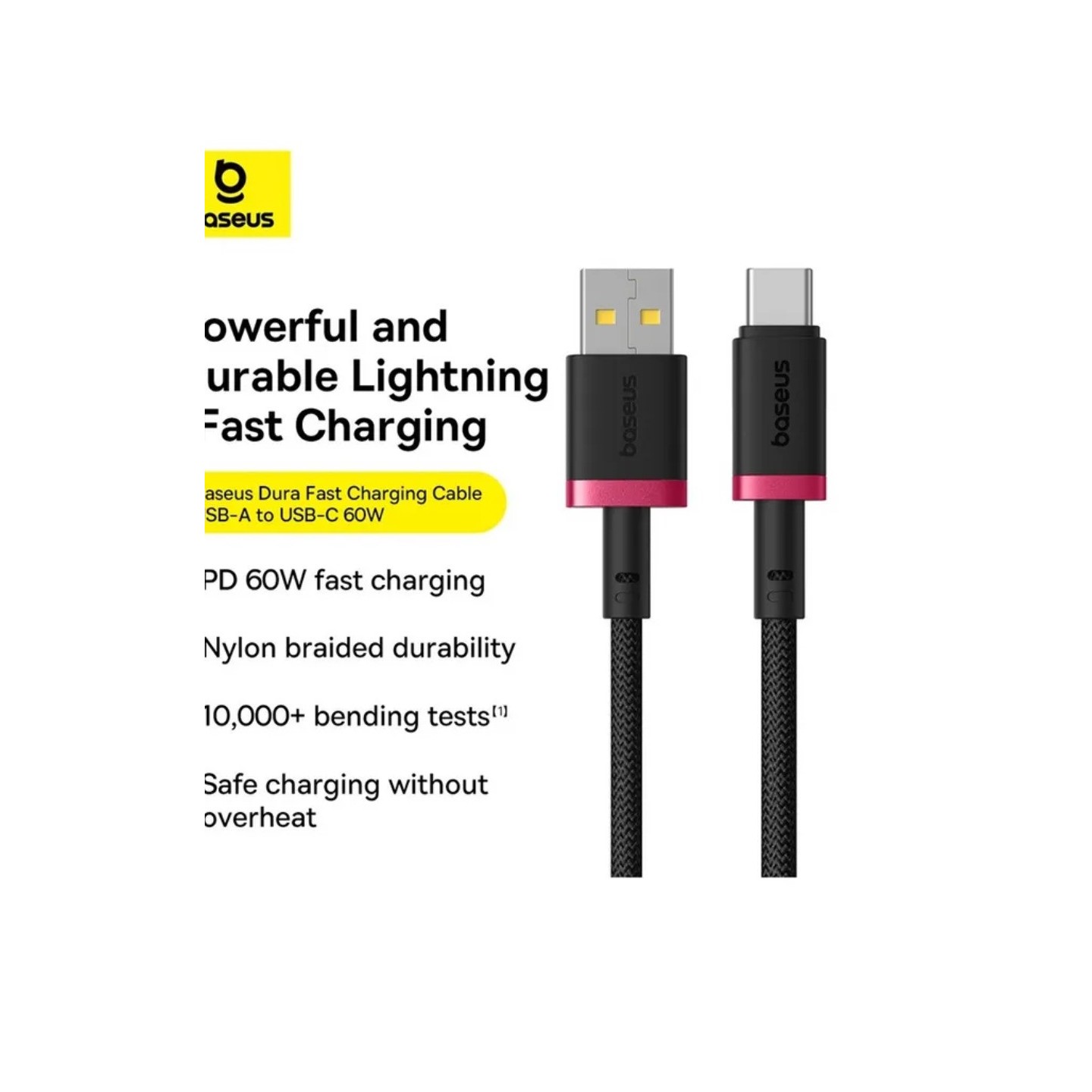 Baseus Dura Series USB-A to USB-C 60W Braided Cable 2m Black+Red (Boxed) — Buy in Cyprus with Fast Delivery