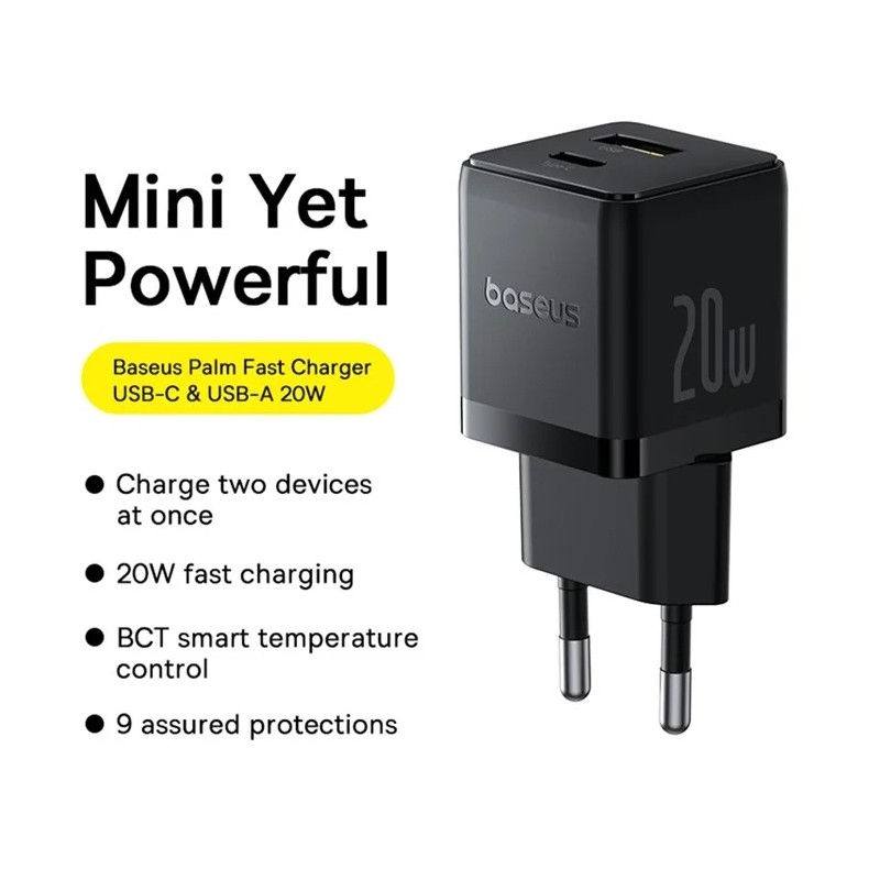 Buy Baseus Charger Wall 20W USB-C USB-A PALM Series EU Black - 20W, USB-C, USB-A... in Cyprus, Nicosia, Limassol, Larnaka, Pafos