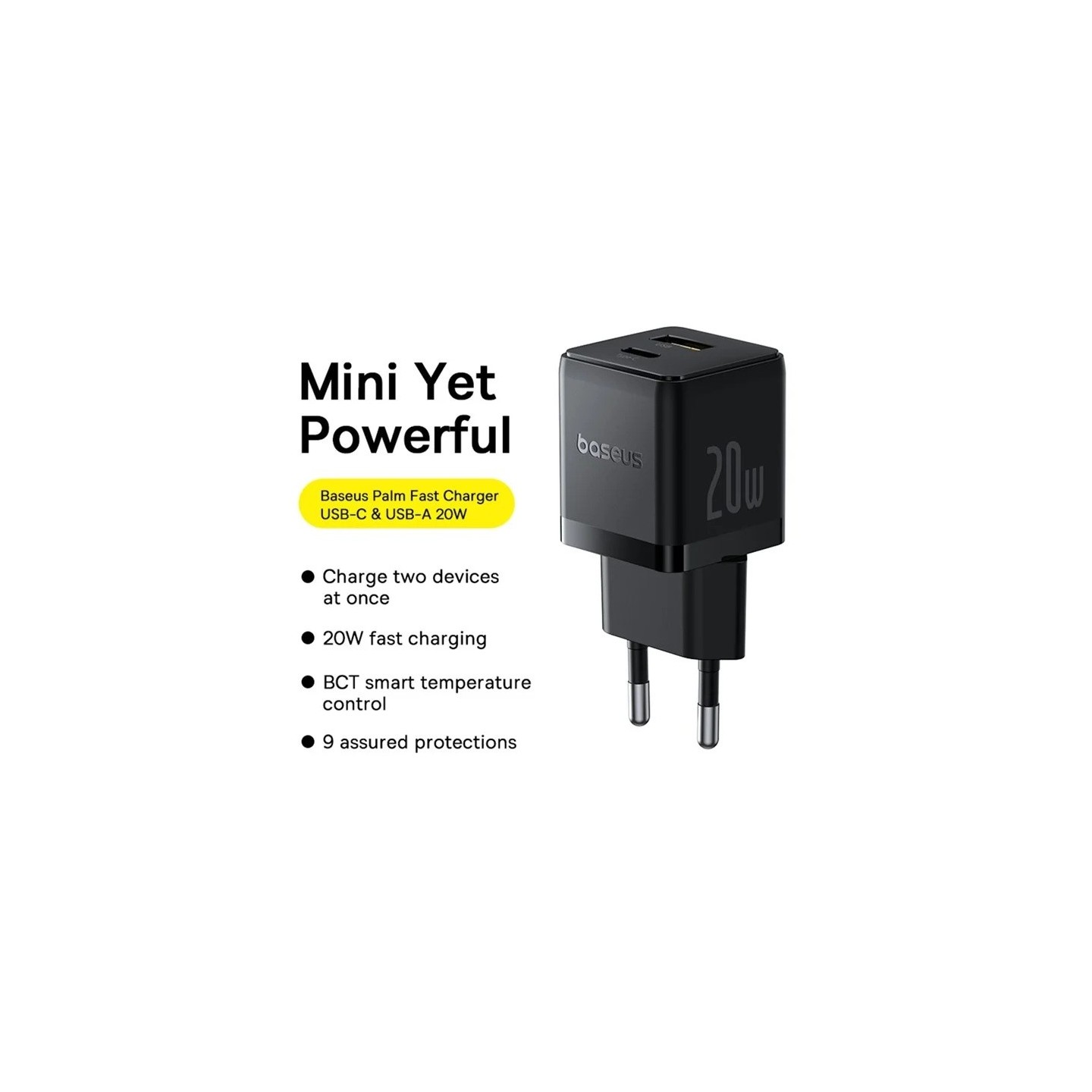 Baseus Charger Wall 20W USB-C USB-A PALM Series EU Black - 20W, USB-C, USB-A, PALM Series, EU, Black