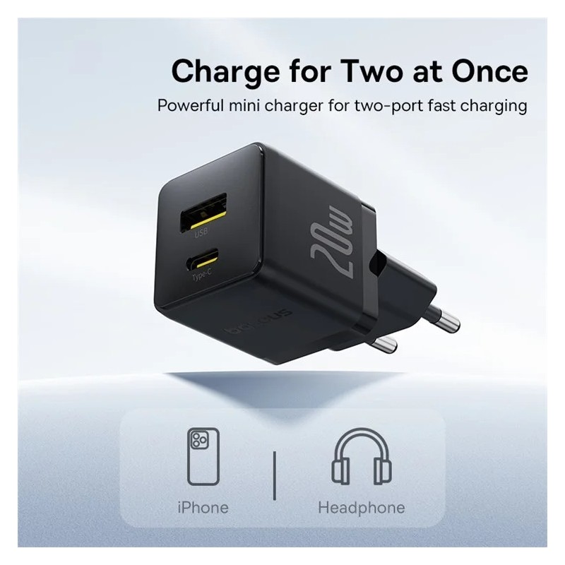 Buy Baseus Charger Wall 20W USB-C USB-A PALM Series EU Black - 20W, USB-C, USB-A... in Cyprus, Nicosia, Limassol, Larnaka, Pafos