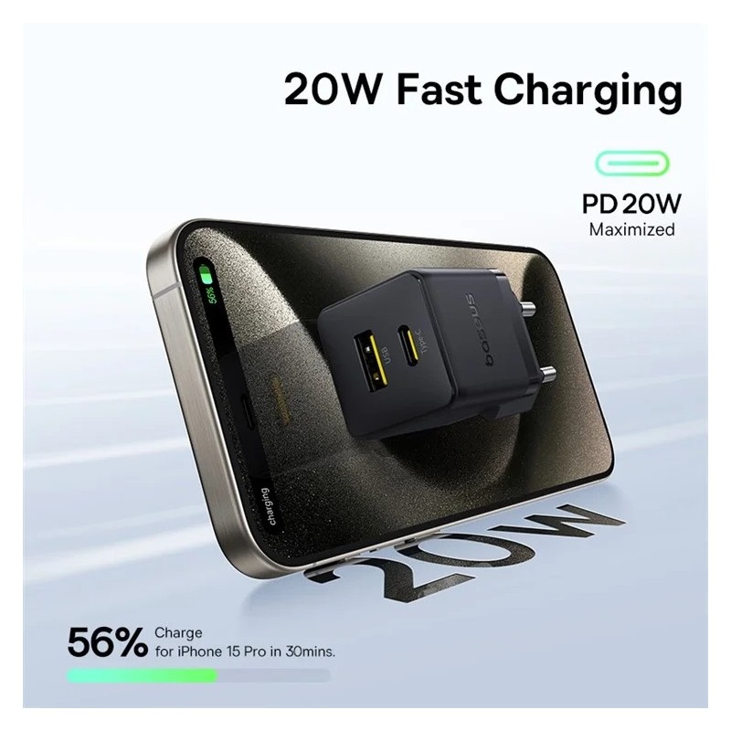 Buy Baseus Charger Wall 20W USB-C USB-A PALM Series EU Black - 20W, USB-C, USB-A... in Cyprus, Nicosia, Limassol, Larnaka, Pafos