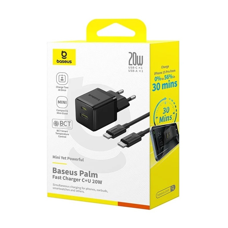 Buy Baseus Charger Wall 20W USB-C USB-A PALM Series EU Black - 20W, USB-C, USB-A... in Cyprus, Nicosia, Limassol, Larnaka, Pafos
