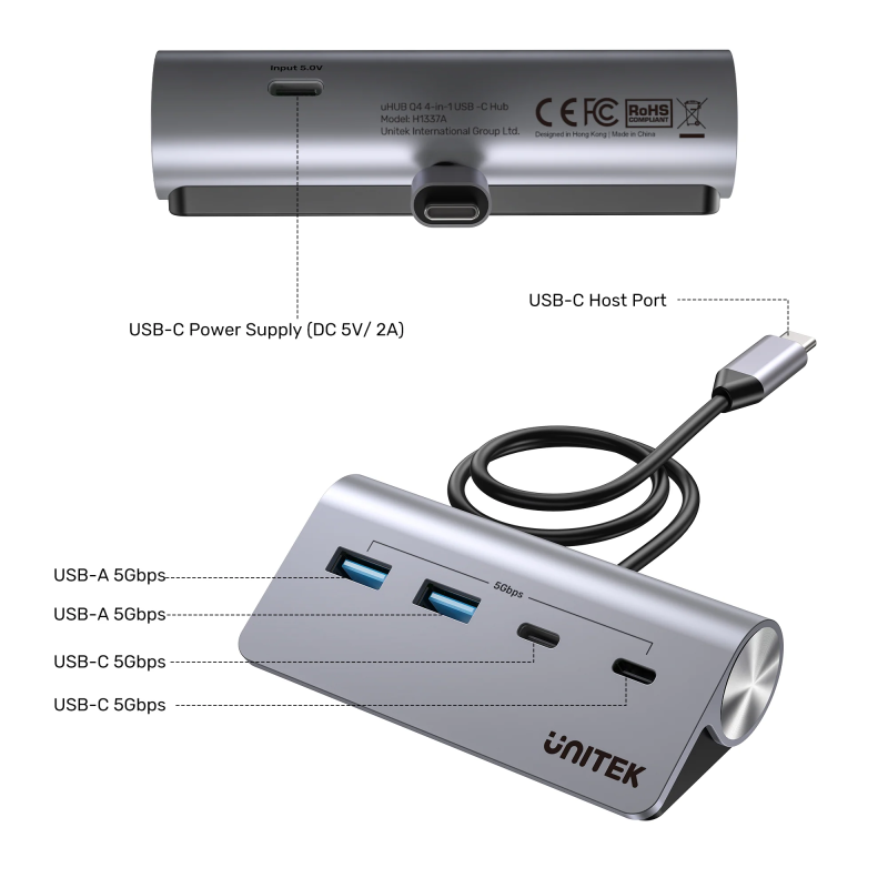 Buy Unitek USB-C Hub - H1337A - 2xUSB-A 2xUSB-C 5Gbps & USB-C Power Port in Cyprus, Nicosia, Limassol, Larnaka, Pafos