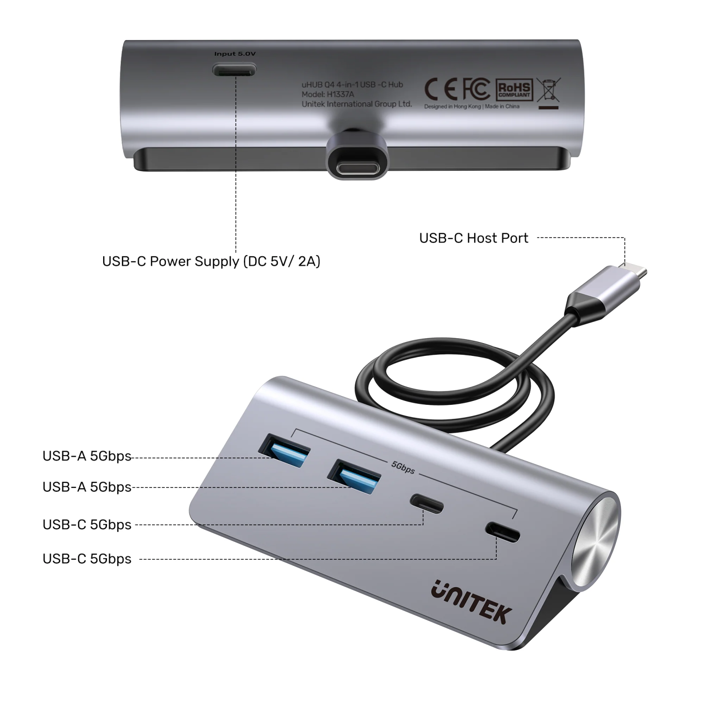Unitek USB-C Hub - H1337A - 2xUSB-A 2xUSB-C 5Gbps & USB-C Power Port — Buy in Cyprus with Fast Delivery