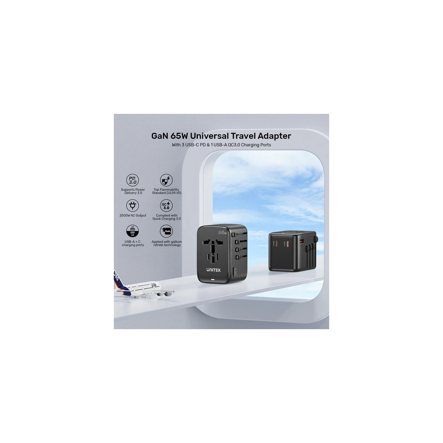 Unitek Charge Wall 65W Travel Adapter 3xUSBC+USBA Black - P1122A - 65W, Travel, 3xUSBC+USBA, Black