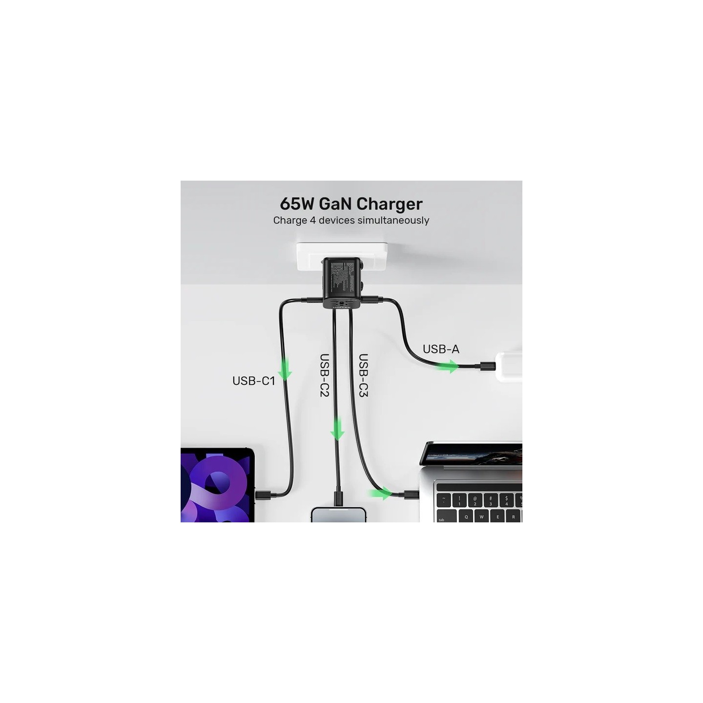Unitek Charge Wall 65W Travel Adapter 3xUSBC+USBA Black - P1122A - 65W, Travel, 3xUSBC+USBA, Black