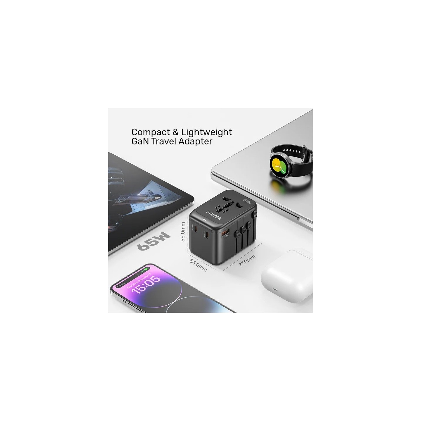 Unitek Charge Wall 65W Travel Adapter 3xUSBC+USBA Black - P1122A - 65W, Travel, 3xUSBC+USBA, Black