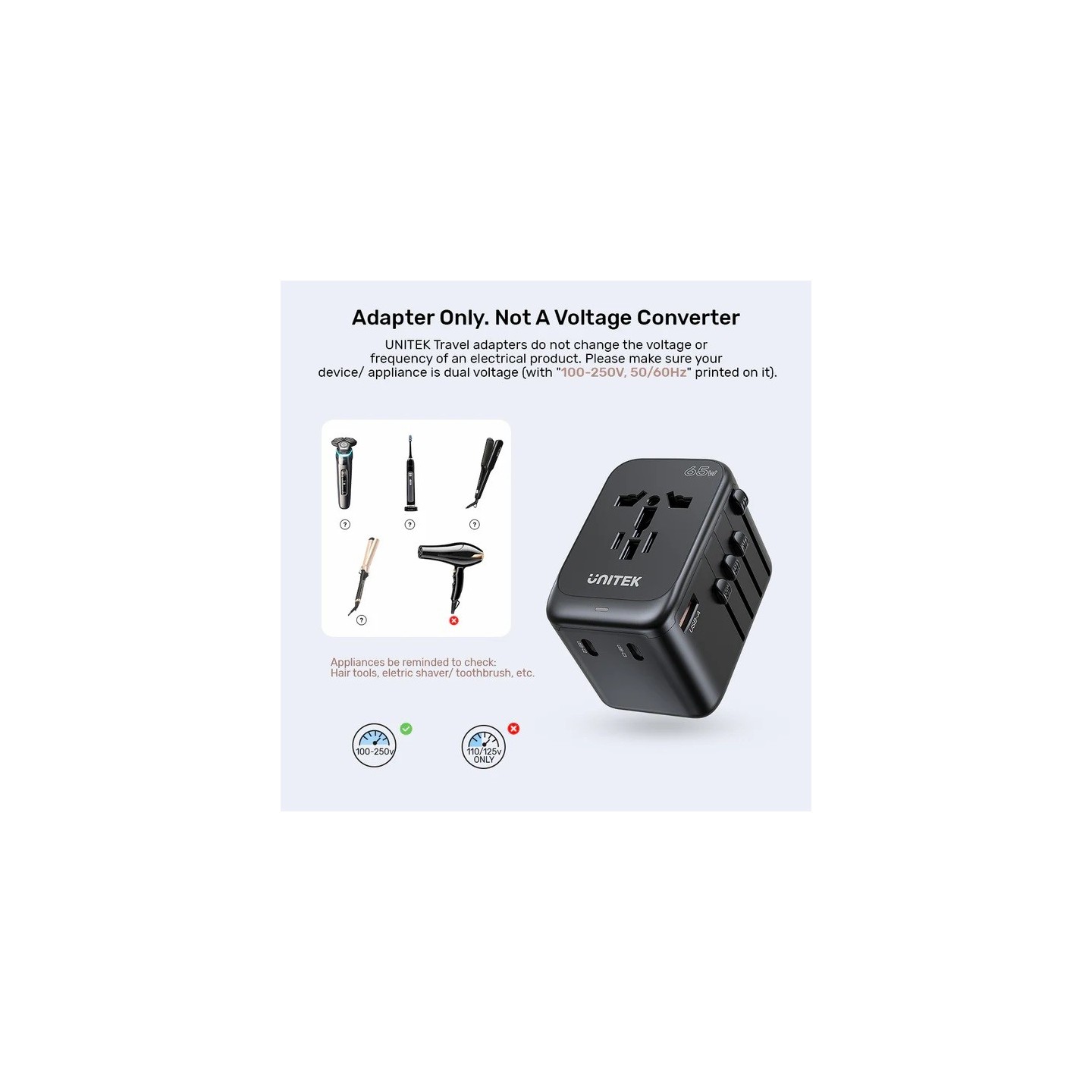 Unitek Charge Wall 65W Travel Adapter 3xUSBC+USBA Black - P1122A - 65W, Travel, 3xUSBC+USBA, Black