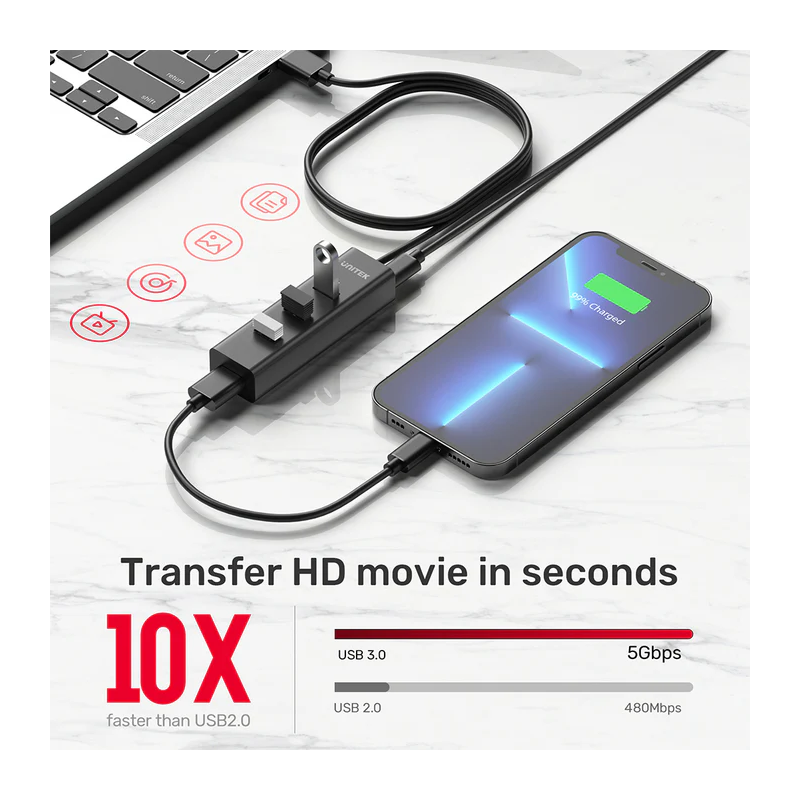 Buy Unitek - Y-3089 - 4x USB-A 3.0 Ports & 1x USB-C Power Port with 1.2m Cable in Cyprus, Nicosia, Limassol, Larnaka, Pafos