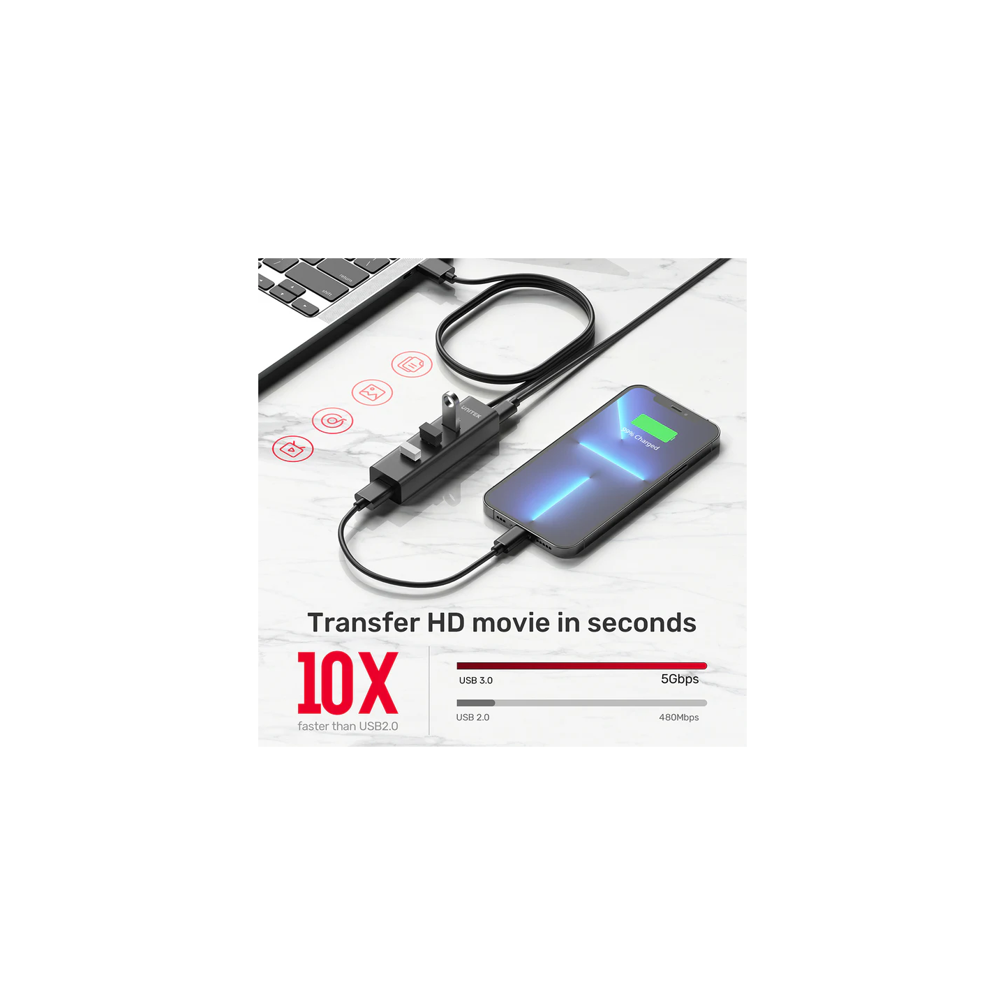 Unitek Y-3089 4-Port USB 3.0 Hub with USB-C Power & 30cm Cable — Armenius Store Cyprus