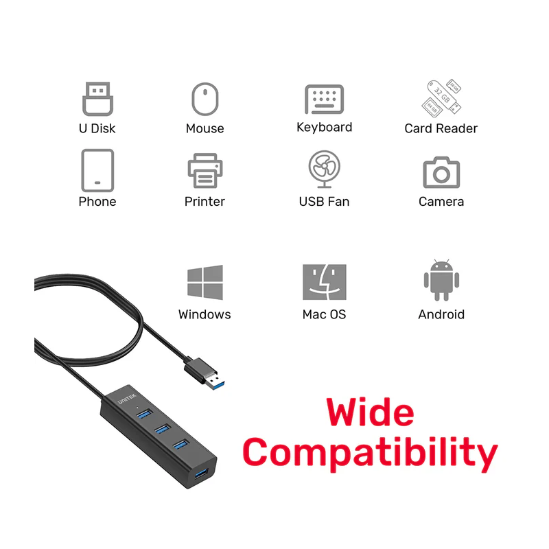 Buy Unitek - Y-3089 - 4x USB-A 3.0 Ports & 1x USB-C Power Port with 1.2m Cable in Cyprus, Nicosia, Limassol, Larnaka, Pafos