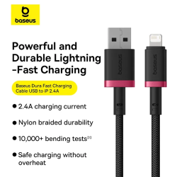 Buy Baseus Cable - Lightning to USB-A, Dura Series, Braided, 1.0m, Black-Red in Cyprus, Nicosia, Limassol, Larnaka, Pafos