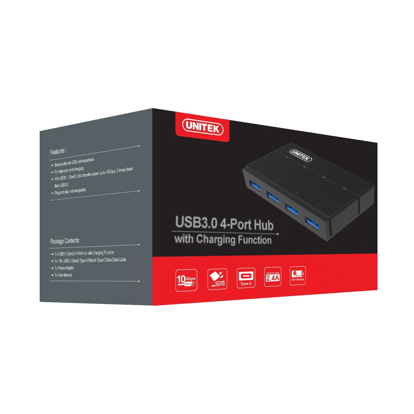 Unitek USB3.0 4-Port Hub Incl 12VA2A Power Adaptor - Y-HB03001 - USB3.0 4-Port Hub Incl 12VA2A Power Adaptor