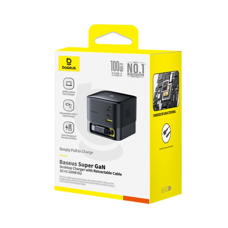 Buy Baseus Charger Desktop - 100W 3C+U SUPER GAN Retractable Cable 100W EU in Cyprus, Nicosia, Limassol, Larnaka, Pafos