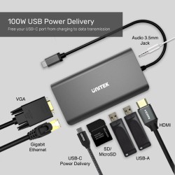 Unitek D1019A USB-C Hub 8-in-1: PD100W, 4K HDMI, VGA, Gigabit, SD — Armenius Store Cyprus