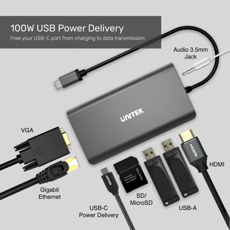 Buy Unitek Type-C Hub - D1019A - USB3.1 with HDMI VGA GB SD PD100W in Cyprus, Nicosia, Limassol, Larnaka, Pafos