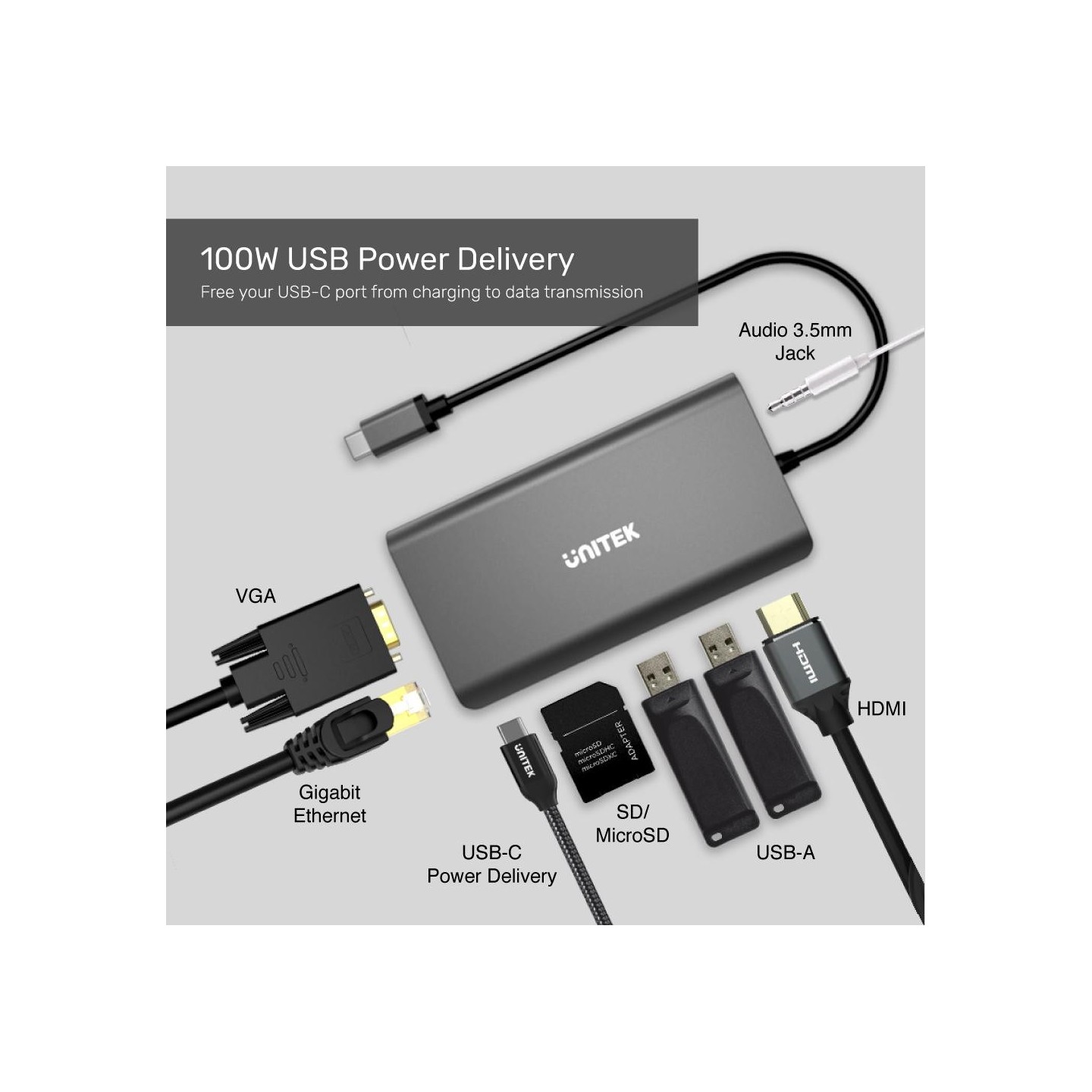 Unitek D1019A USB-C Hub 8-in-1: PD100W, 4K HDMI, VGA, Gigabit, SD — Armenius Store Cyprus