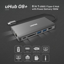 Unitek D1019A USB-C Hub 8-in-1: PD100W, 4K HDMI, VGA, Gigabit, SD — Armenius Store Cyprus