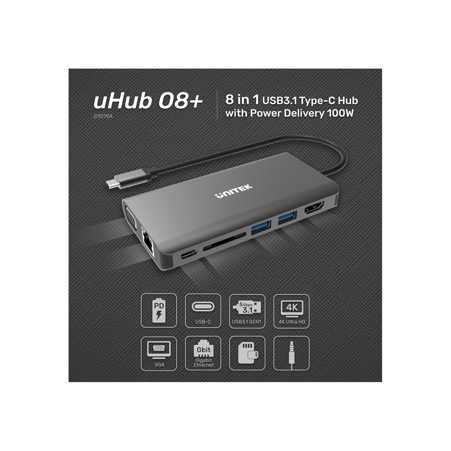 Unitek D1019A USB-C Hub 8-in-1: PD100W, 4K HDMI, VGA, Gigabit, SD — Armenius Store Cyprus