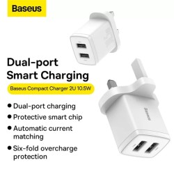 Buy Baseus Charger Wall - 2xUSBA - 2.1A - UK - White in Cyprus, Nicosia, Limassol, Larnaka, Pafos
