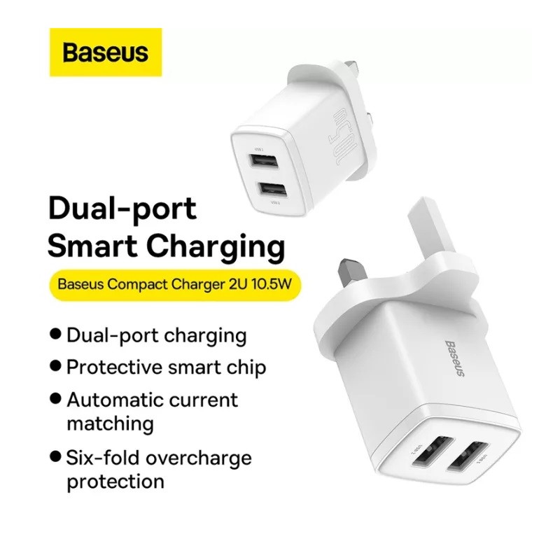 Buy Baseus Charger Wall - 2xUSBA - 2.1A - UK - White in Cyprus, Nicosia, Limassol, Larnaka, Pafos