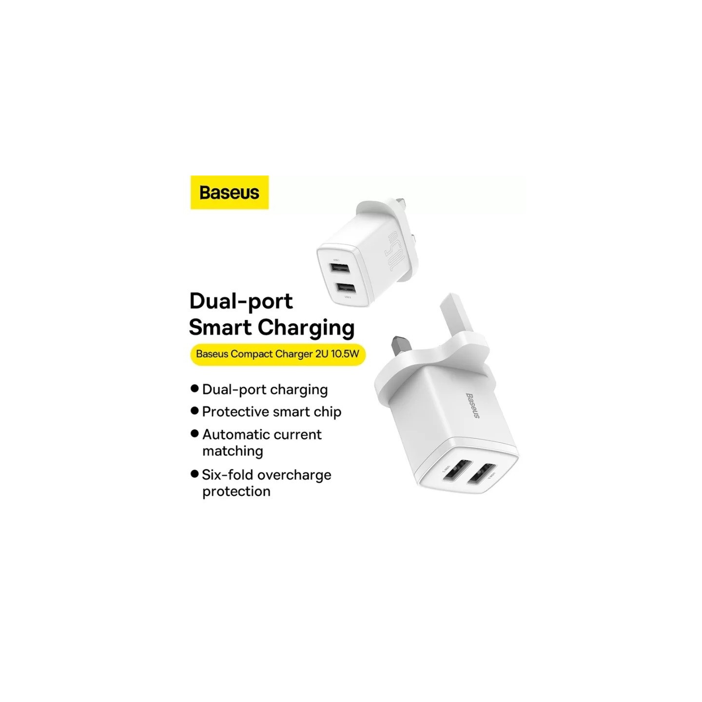 Baseus Charger Wall - 2xUSBA - 2.1A - UK - White — Buy in Cyprus with Fast Delivery