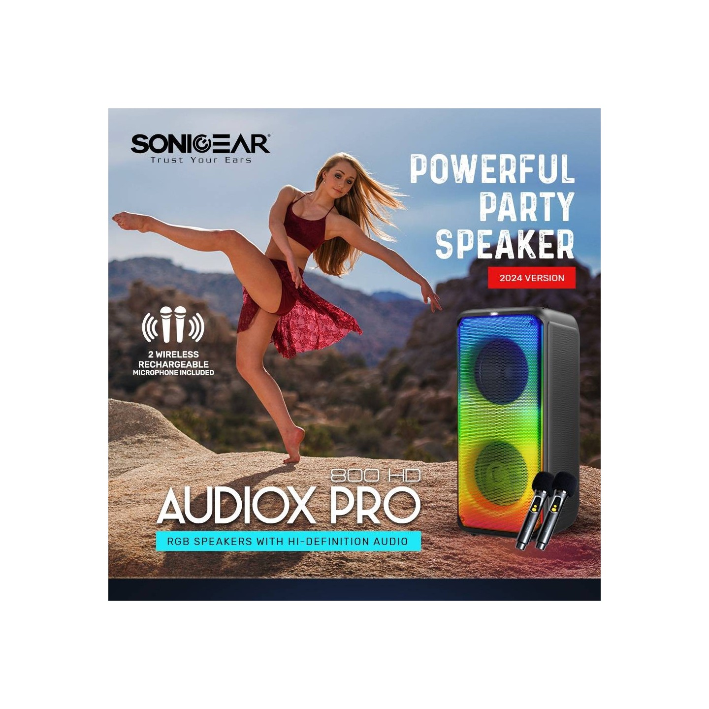 SonicGear 2 x 8'' Portable Karaoke Speaker with Voice Changer - AudioXPro800HD - 2 x Wireless Microphones included