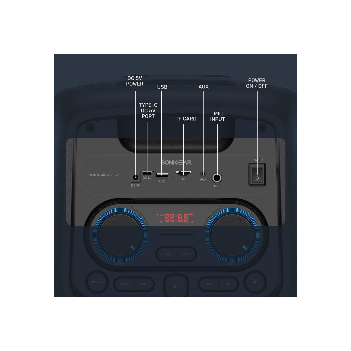 SonicGear 2 x 8'' Portable Karaoke Speaker with Voice Changer - AudioXPro800HD - 2 x Wireless Microphones included