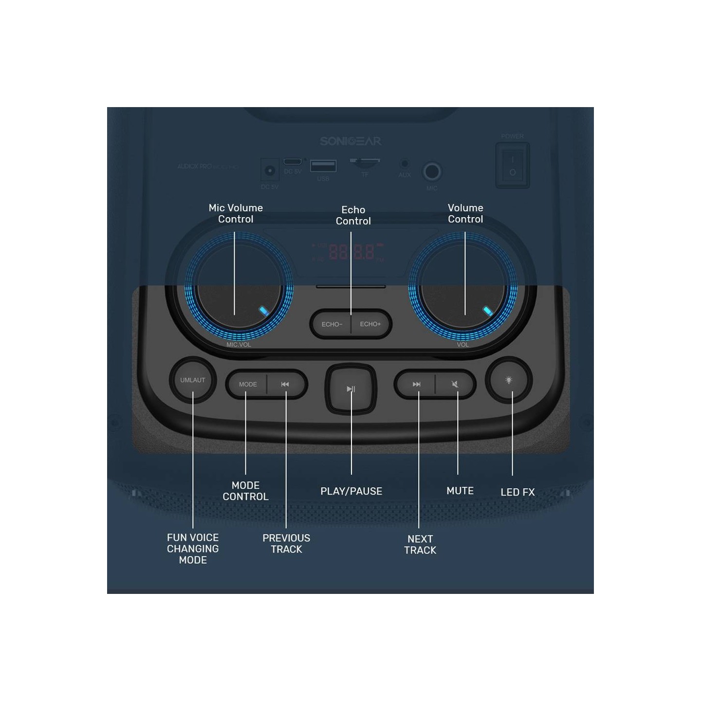 SonicGear 2 x 8'' Portable Karaoke Speaker with Voice Changer - AudioXPro800HD - 2 x Wireless Microphones included
