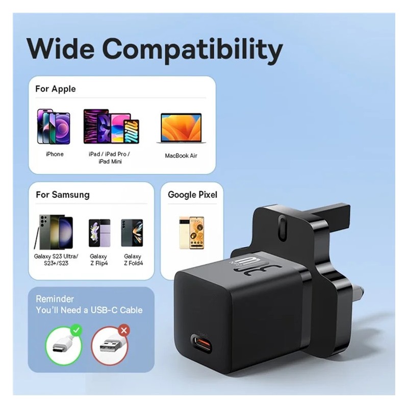 Buy Baseus Charger Wall 30W USB-C UK MINI GaN5 Black - Wall UK 30W USB-C MINI Ga... in Cyprus, Nicosia, Limassol, Larnaka, Pafos