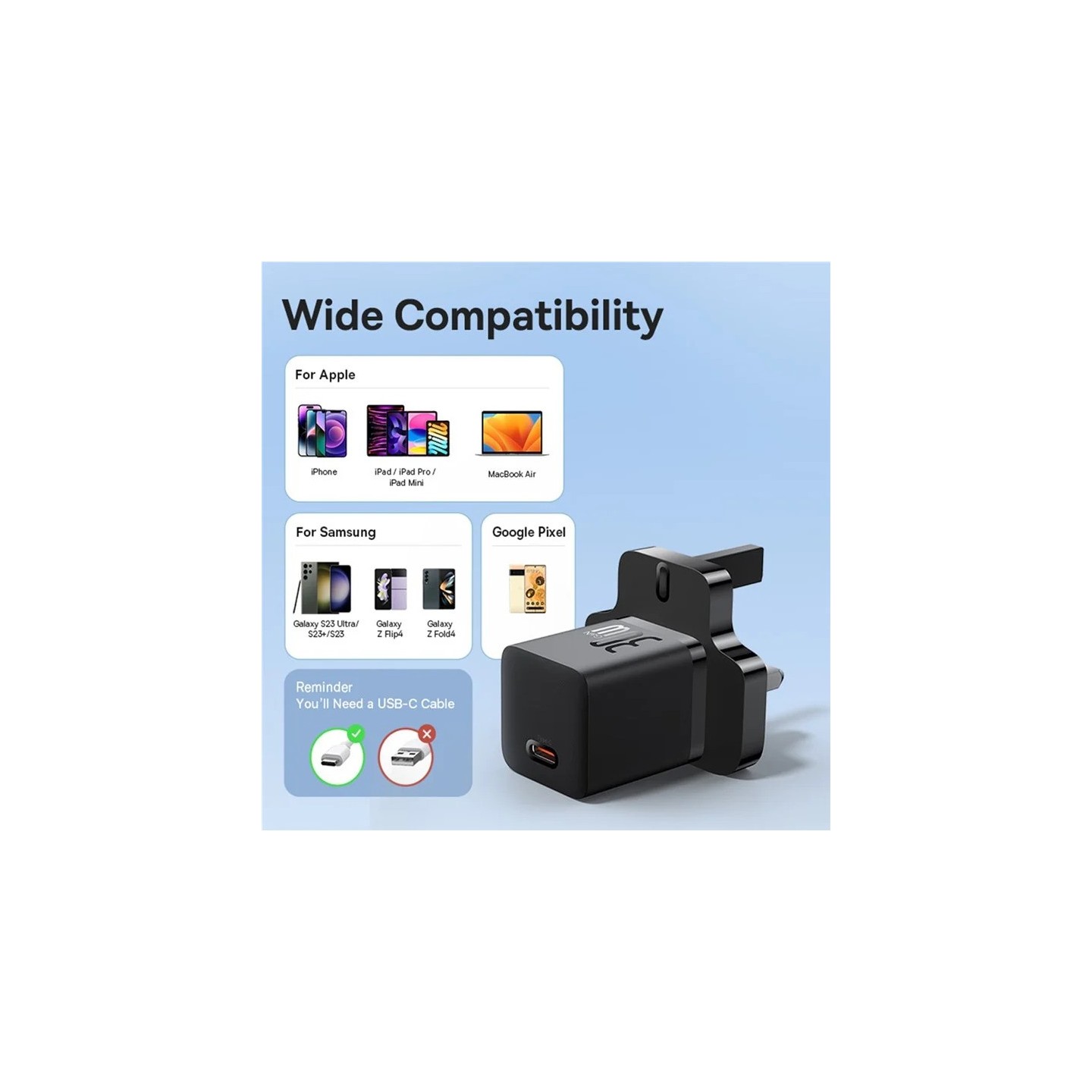 Baseus Charger Wall 30W USB-C UK MINI GaN5 Black - Wall UK 30W USB-C MINI GaN5 Black — Buy in Cyprus with Fast Delivery