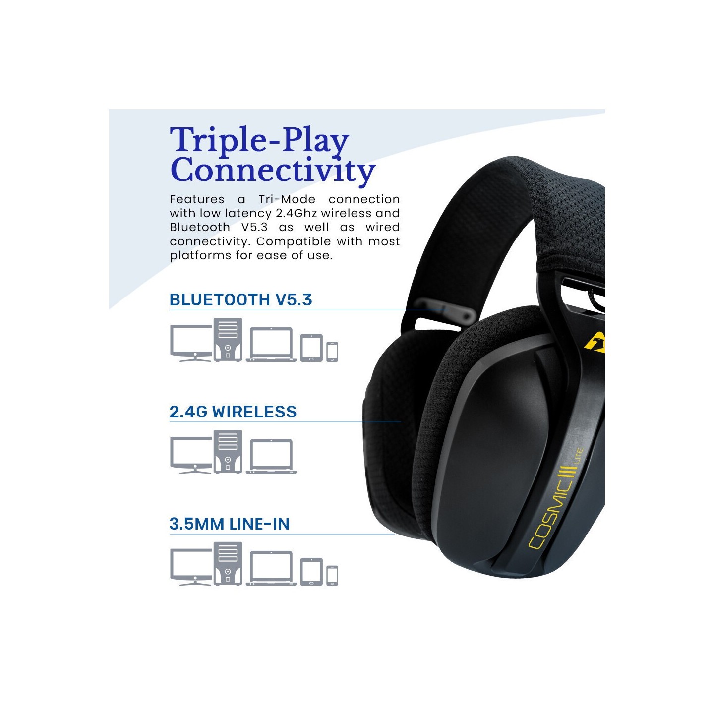 Armaggeddon Cosmic-III Lite Gaming Headset 2.4G/BT/AUX Fabric White (Boxed) — Buy in Cyprus with Fast Delivery