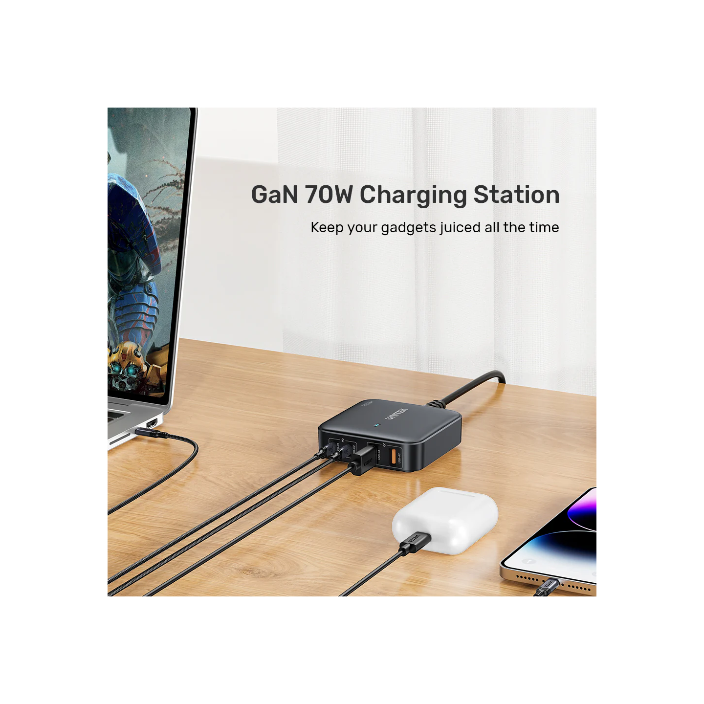 Unitek Desktop 4in1 70W GaN Charger 2xUSB-C 2xUSB-A Ports - P1228ABK - Black — Buy in Cyprus with Fast Delivery