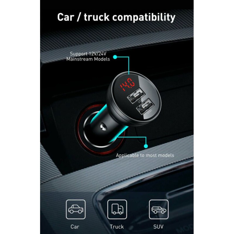 Buy Baseus Digital Display Dual USB 24W Car Charger - Black in Cyprus, Nicosia, Limassol, Larnaka, Pafos