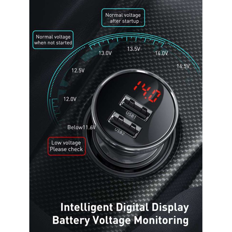 Buy Baseus Digital Display Dual USB 24W Car Charger - Black in Cyprus, Nicosia, Limassol, Larnaka, Pafos