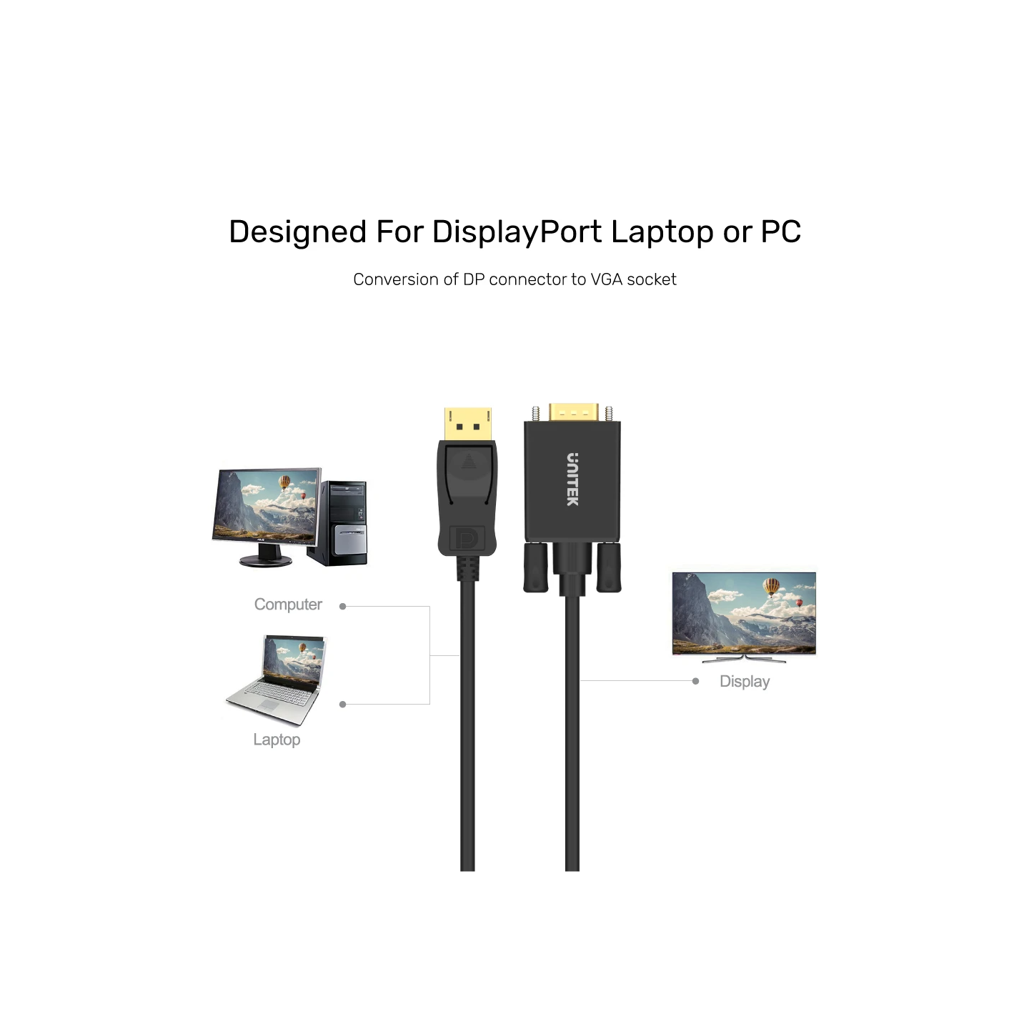 Unitek DisplayPort to VGA Cable - Y-5118F - 1.8m Black Gold Plated — Buy in Cyprus with Fast Delivery
