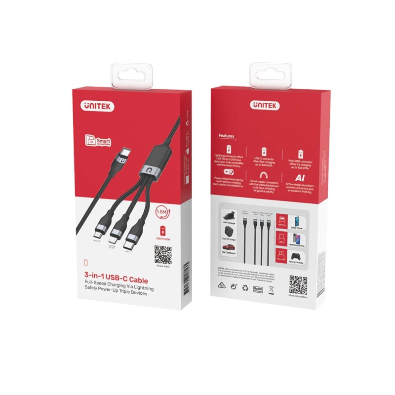 Buy Unitek MC 3in1 Braided USB-C Lightning Micro - C14101BK-1.5M - 3in1 Braided ... in Cyprus, Nicosia, Limassol, Larnaka, Pafos