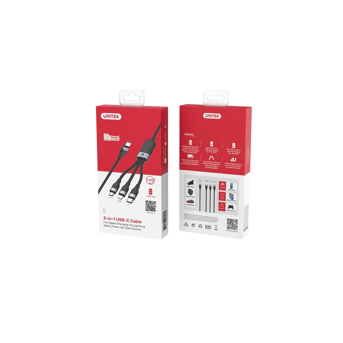 Unitek MC 3in1 Braided USB-C Lightning Micro - C14101BK-1.5M - 3in1 Braided USB-C Lightning Micro