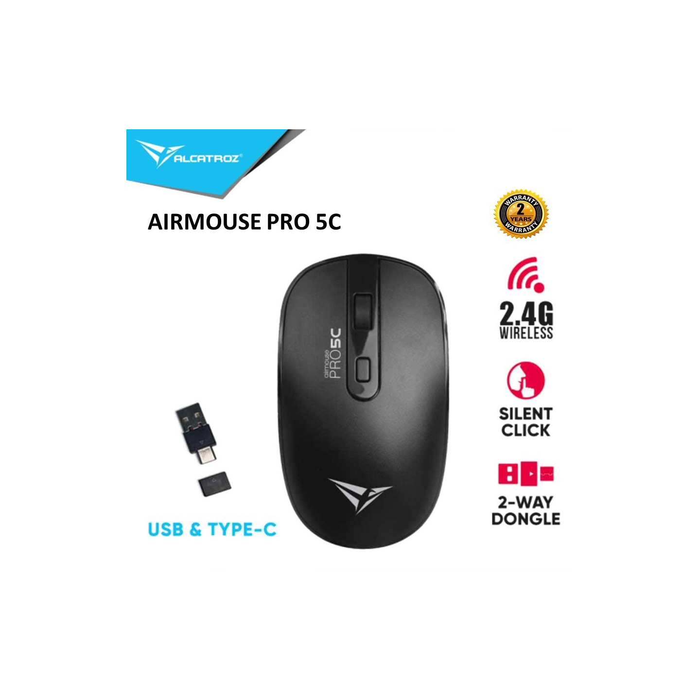 Alcatroz Airmouse Pro 5C Wireless Silent Mouse USB-A & USB-C Black (Boxed) — Buy in Cyprus with Fast Delivery