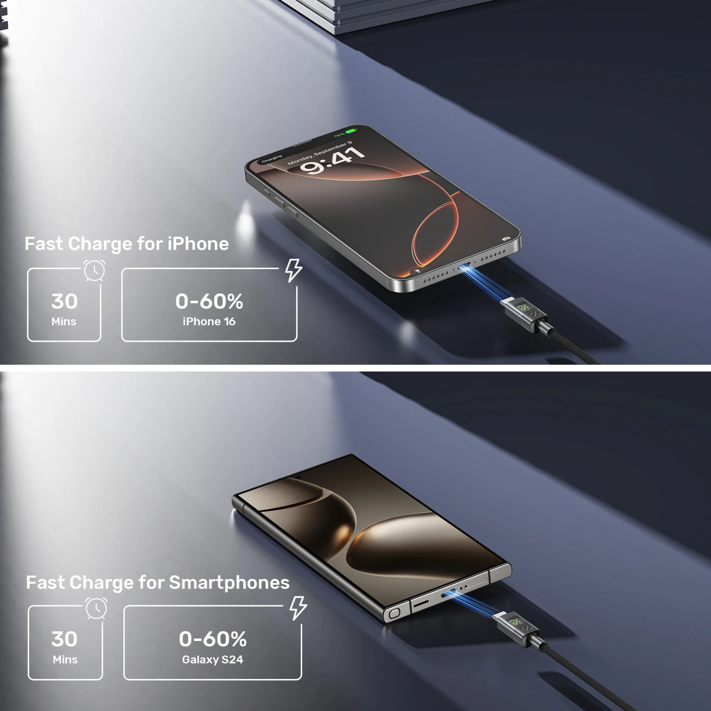 Unitek USB-C Cable PD60W Braided with Display 2.0m - C14158A-2M - PD60W Braided with Display 2.0m