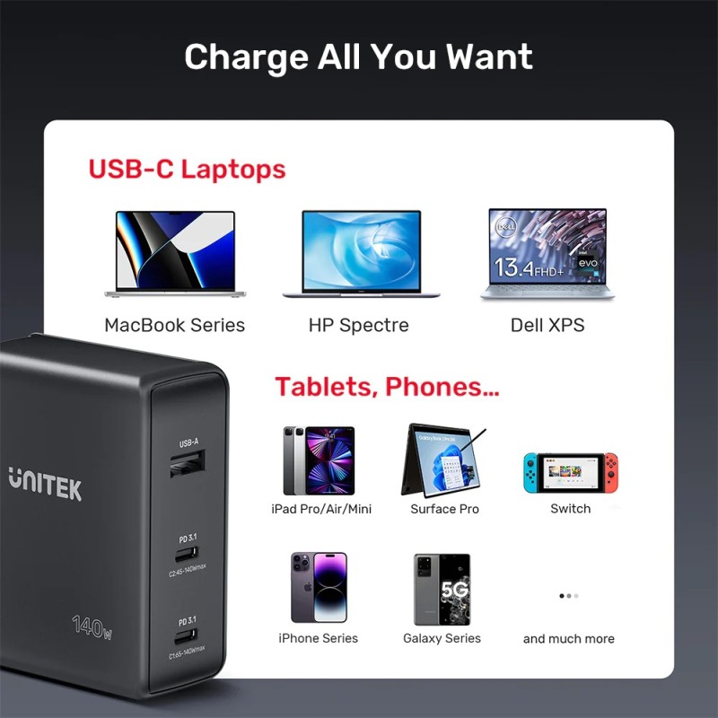 Buy Unitek Charge - P1115A - 140W 4in1 GaN Charger+240W Cable in Cyprus, Nicosia, Limassol, Larnaka, Pafos