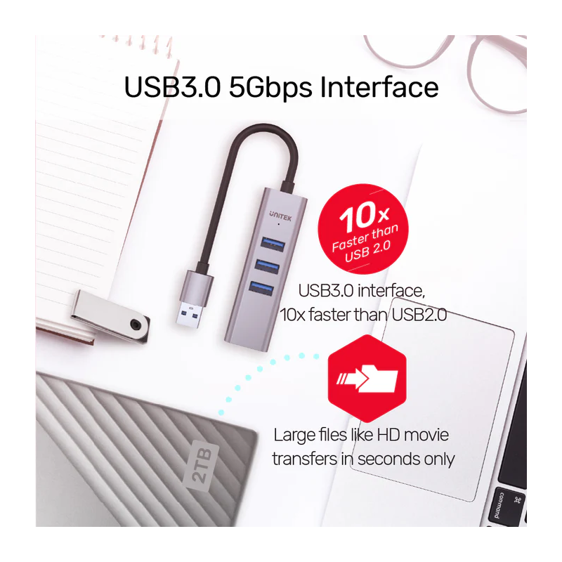 Buy Unitek USB-C Hub USB3.0 3-Port & Gigabit LAN + USBA Adaptor - Y-3088B - USB-... in Cyprus, Nicosia, Limassol, Larnaka, Pafos